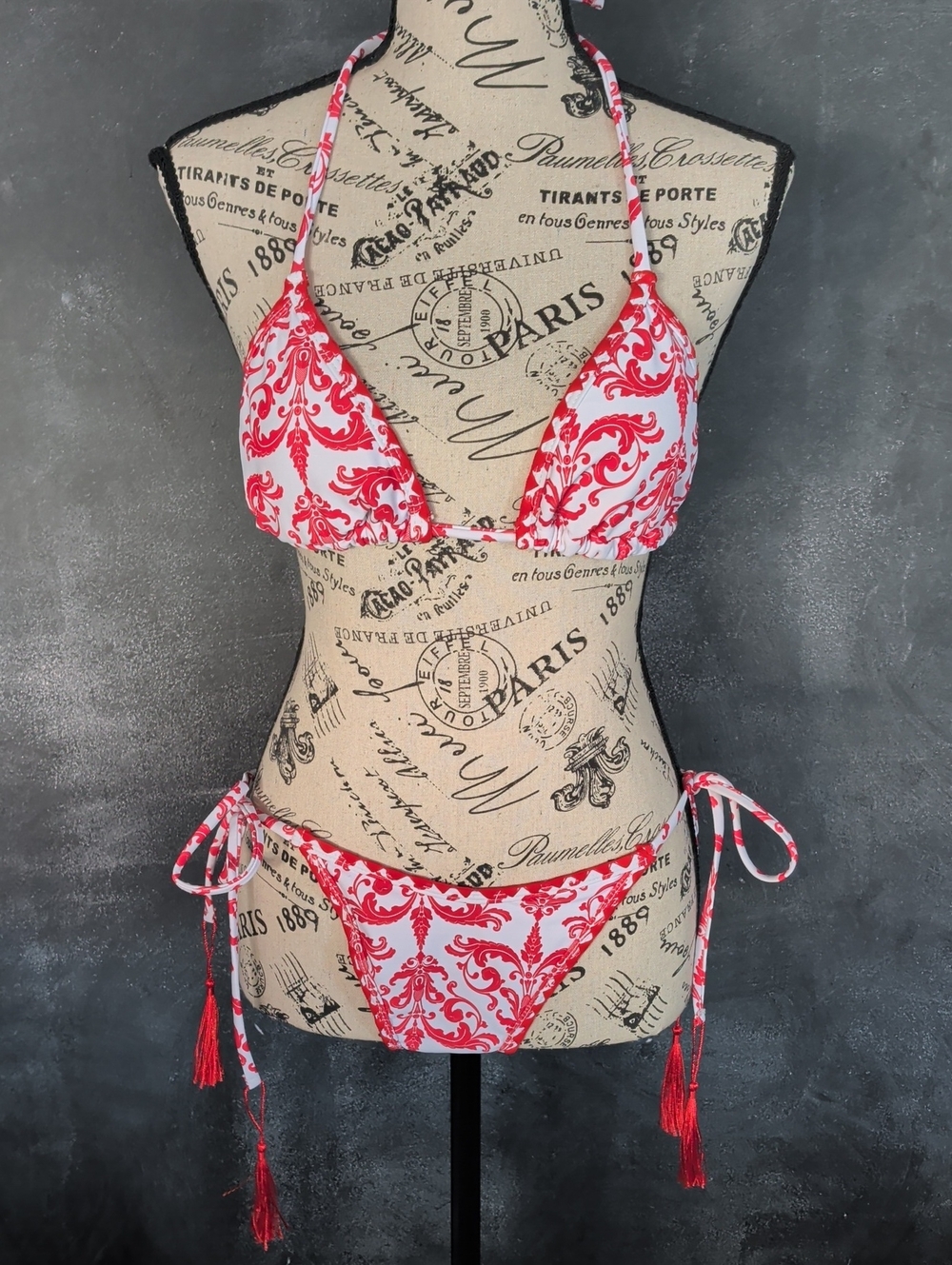 Red & White Damask Pattern Bikini